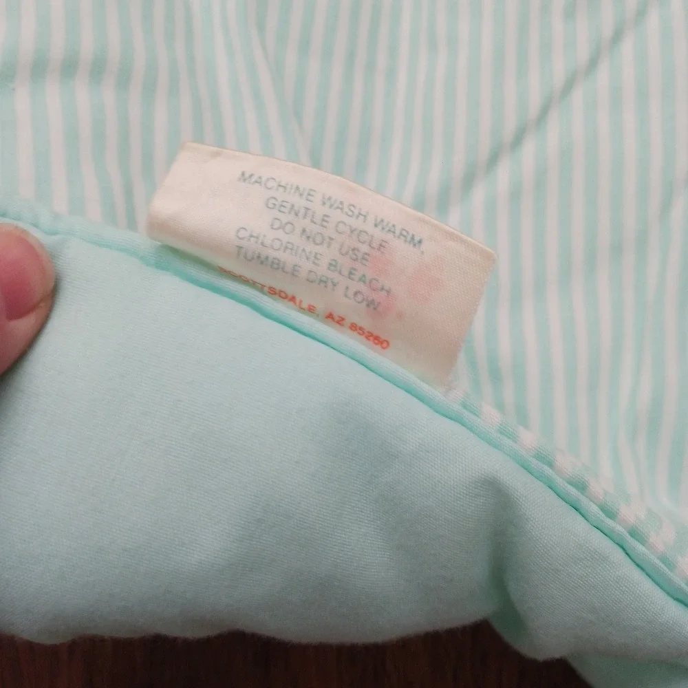 Vintage Judis Peek-A-Bear Baby Blanket Mint Green White Pinstripe Heart Quilted